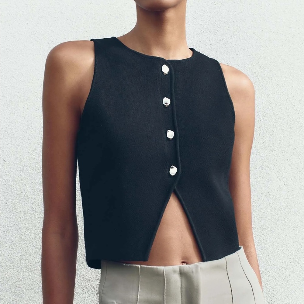 Zara Black Crop Top with White Buttons